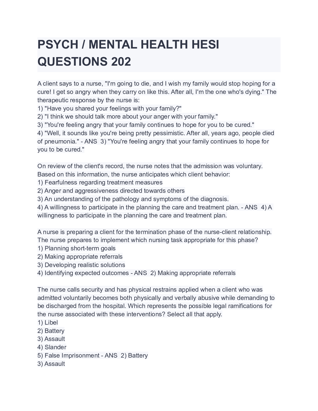 Preview image for 2022 PSYCH / MENTAL HEALTH Nursing_knowledge_Assessment_Practice_Exam QUESTIONS BRAND NEW ( A+ GRADED 100% VERIFIED)